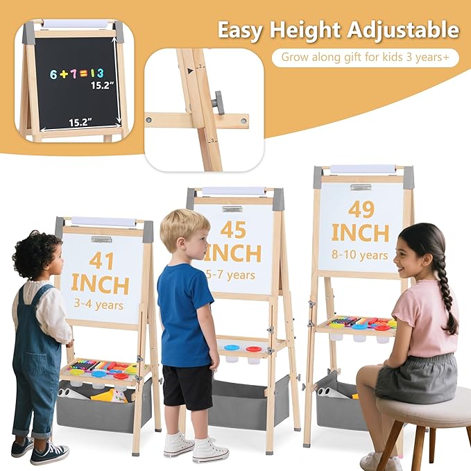Kinder King Wooden Kids Easel, 3 in 1 Adjustable Art Easel for Kids, Double-Sided Magnetic Whiteboard & Chalkboard, Paper Roller, Art Supplies, Coloring Drawing Easel Toddler Gift Ages 3+, Grey