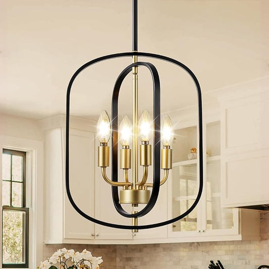 Modern Black and Gold Chandelier for Entryway, 4-Light Small Geometric Dining Room Light Fixture Over Table,Industrial Metal Hanging Pendant Lights for Kitchen Island, Staircase,Foyer