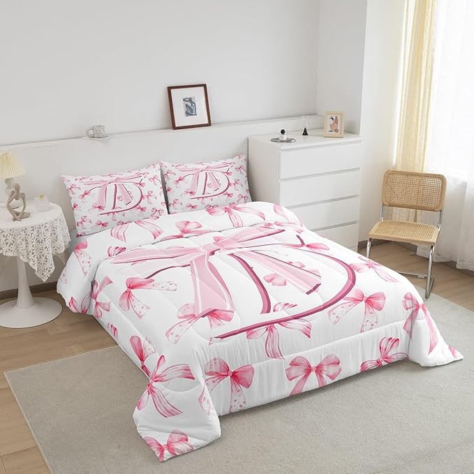 jejeloiu Kids Girls Cute Pink Bow Comforter Set King Size Monogrammed Bedding Set Ultra Soft Personalized Initial D Duvet Quilt Coquette Bow Knot Quilt Set Room Decor Modern Fashion Comforter