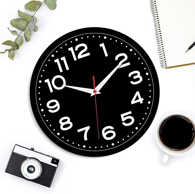 Wall Clock Silent Non-Ticking Modern Clock Battery Operated 10 Inch Small Classic Analog Decorative for Kitchen, Living Room, Office, Bedroom, Bathroom (Black Black)