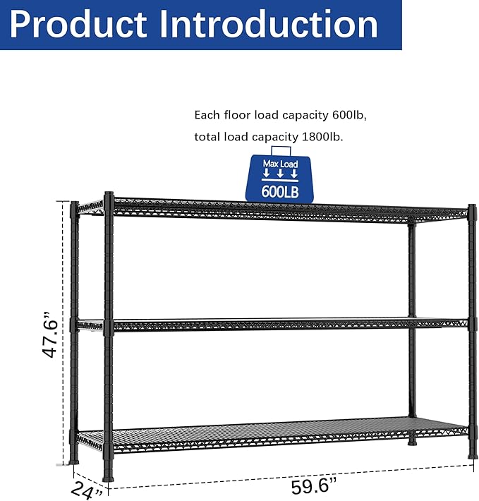 REGILLER 3-Wire Shelf Adjustable Heavy Duty Storage Shelves,Metal Organizer Wire Rack for Laundry Bathroom Kitchen Pantry Closet Garage Shelving(Black,24" Dx59.6 Wx47.6 H)