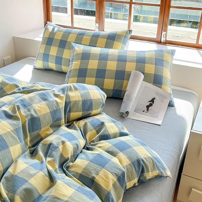 FACE TWO FACE Bedding Duvet Cover Set100% Washed Cotton Duvet Cover Linen Like Textured Breathable Durable Soft Comfy (Full, Blue Yellow Grid)