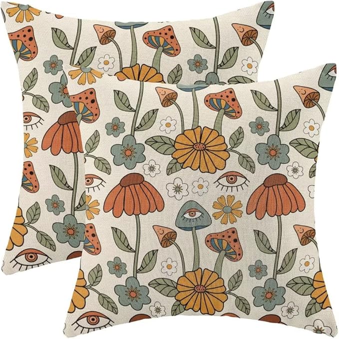 BETGINY Boho Throw Pillow Covers 16x16 Set of 2, Yellow Orange Fun Cute Mushrooms Retro Decorative Outdoor Pillow Covers 70s Vintage Floral Linen Farmhouse for Couch Sofa Summer Home Decor