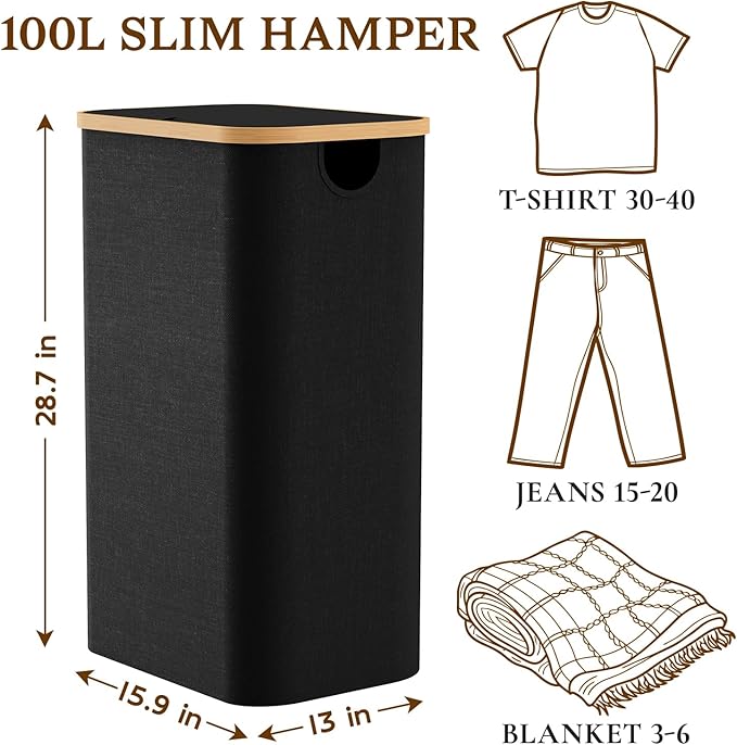 Laundry Hamper with Lid, Large Tall Clothes Basket Bin with Bamboo Handles, Collapsible Laundry Hamper for Bedroom, Bathroom, Dorm, Laundry Room, 100L Black