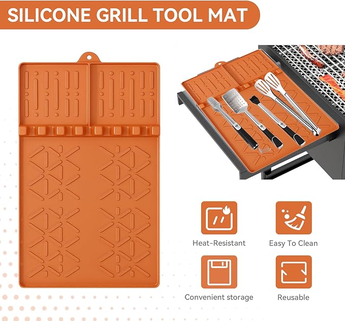 2PCS Silicone Griddle Tools Mat for Ninja FlexFlame, Heat-Resistant Utensil Holder and Drip Pad, Non-Slip BBQ Side Shelf Accessory for Outdoor Grill and Kitchen