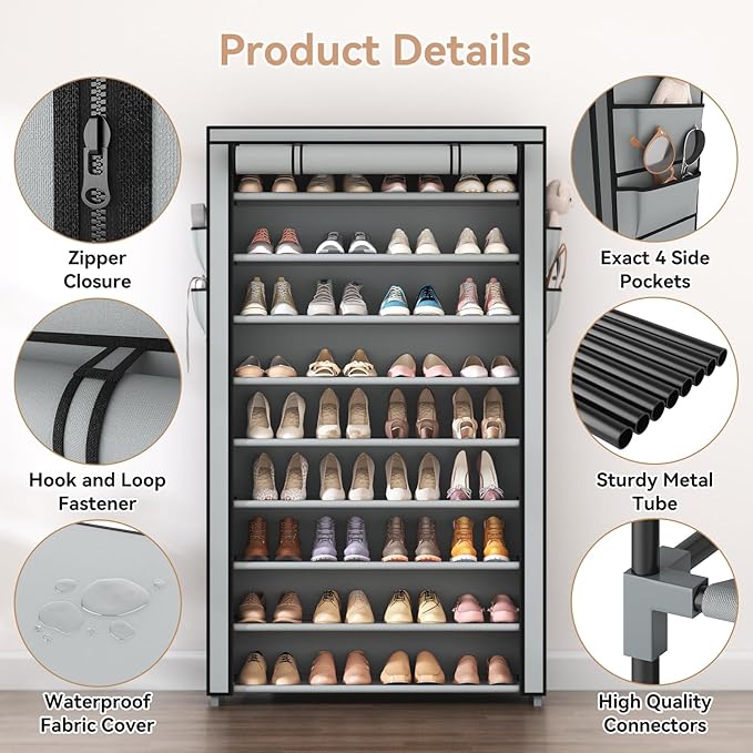 Shoe Rack with Covers 10 Tier Tall Shoe Rack Organizer Large Capacity Shoe Shelf Storage 40 Pairs Space Saving Free Standing Shoe Storage Organizer for Closet, Entryway, Dorm, Grey