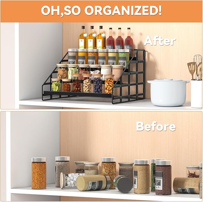 Spice Rack Kitchen Cabinet Organizer,4 Tier Countertop Spice Rack,Tier Depth Adjustable Cabinet Shelf,Step Spice Organization Easy Visibility,Holds Seasoning and Condiments