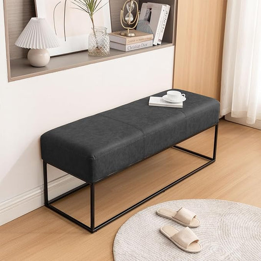 Entryway Bench for Bedroom End of Bed, Modern Ottoman with Faux Leather Upholstered Seating, Metal Frame Leather Bench for Bedroom Living Room Entryway [47'', Vintage Black]