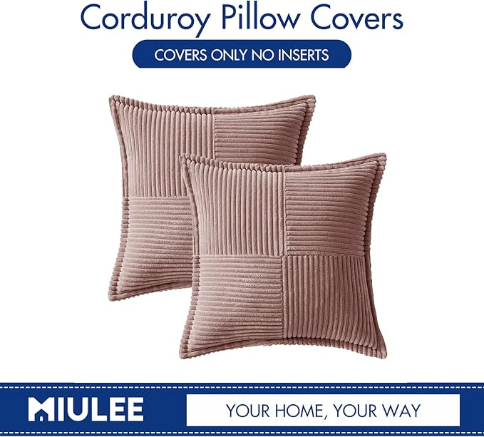 MIULEE Decorative Throw Pillow Covers for Couch Bed Livingroom 18x18 Inch Set of 2 Blush Pink Boho Accent Throw Pllows Broadside Striped Patchwork Soft Corduroy Pillowcases