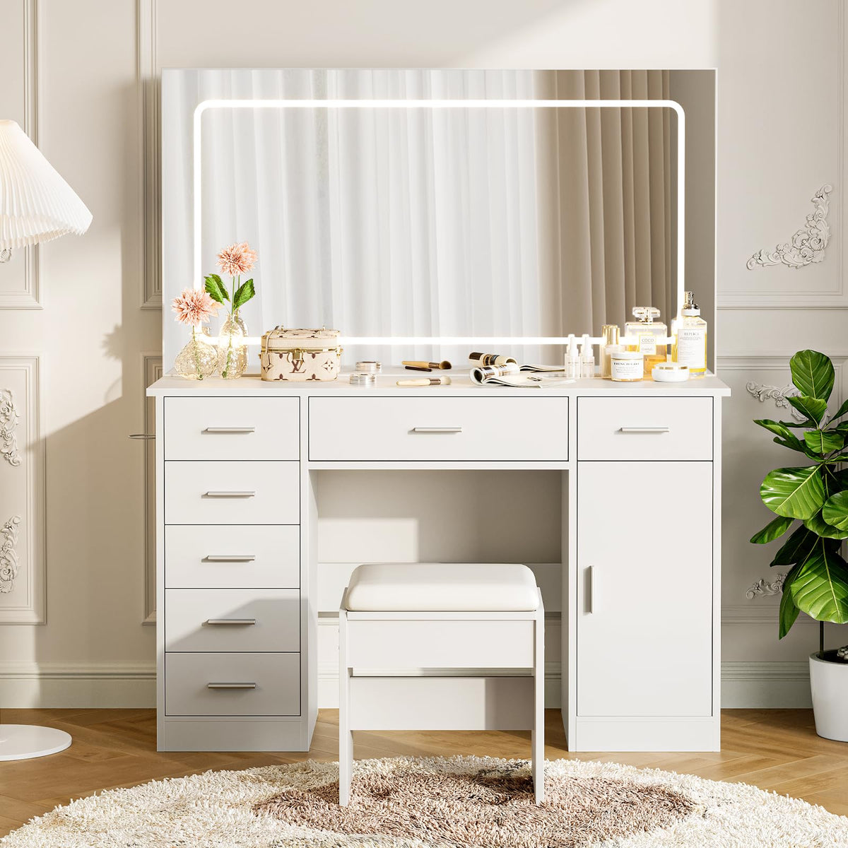 Garvee Modern Vanity Desk with Mirror & LED Lights – 7 Drawers, White