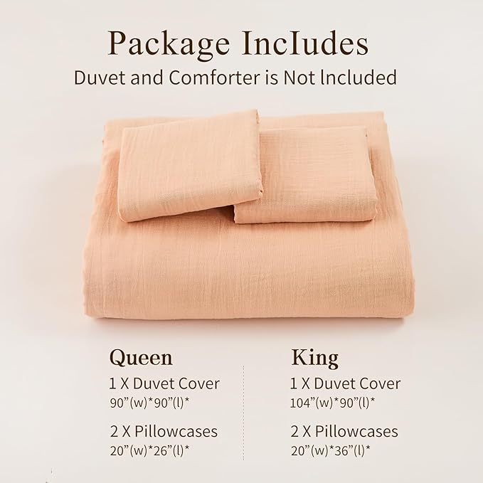 MEISHANG Muslin Duvet Cover Queen Size - 100% Organic Cotton, Soft Textured Gauze Weave Comforter Cover for Breathable All-Season with Zipper Closure - 3 Piece Set (Queen, Cameo Rose)