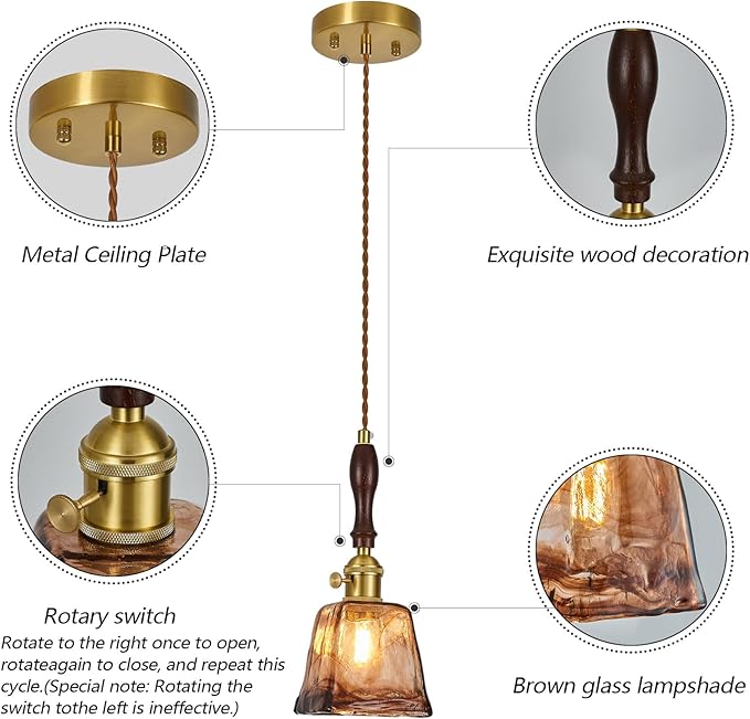 Brown Glass Vintage Pendant Light 4.33" Handmade Glass Pendant Lights Kitchen Island Gold Hanging Light Fixture for Bedroom Dining Room Hotel (2 Pack)