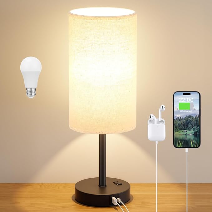 Tall Touch Bedside Table Lamp with USB - 3 Way Dimmable Black Lamps for Bedroom Nightstand, Desk Lamp with Black Charging Station for Dorm, Office, Kids Room