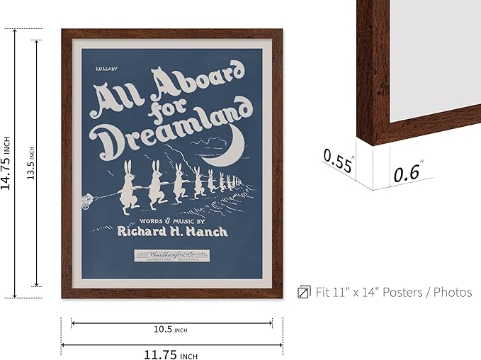 Poster Master All Aboard For Dreamland Poster - Retro Children's Lullaby Print - Story Book Art - Bunny Art - Rabbit Art - Aesthetic Art - Kid's Bedroom or Nursery Wall Decor, 11x14 Brown Framed