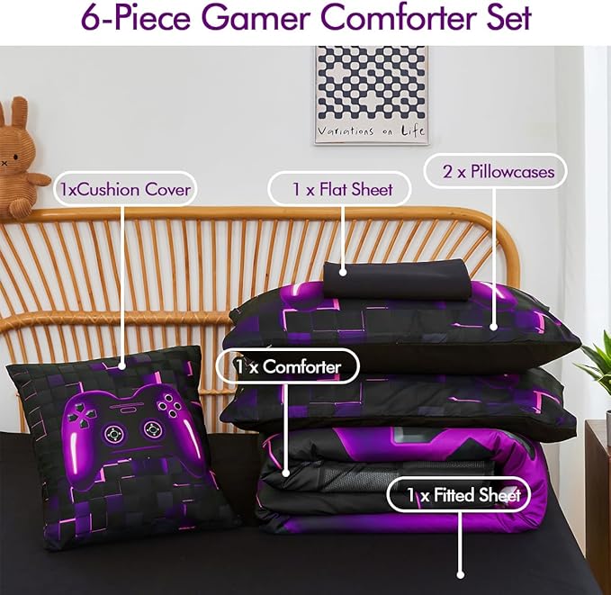 PERFEMET 6 Pieces Gamer Comforter Sets Twin Size Purple Game Console Boys Bed in A Bag 3D Cool Black Gaming Bedding Set for Kids Teen Lightweight Gamepad Bedroom Set(Purple, Twin)