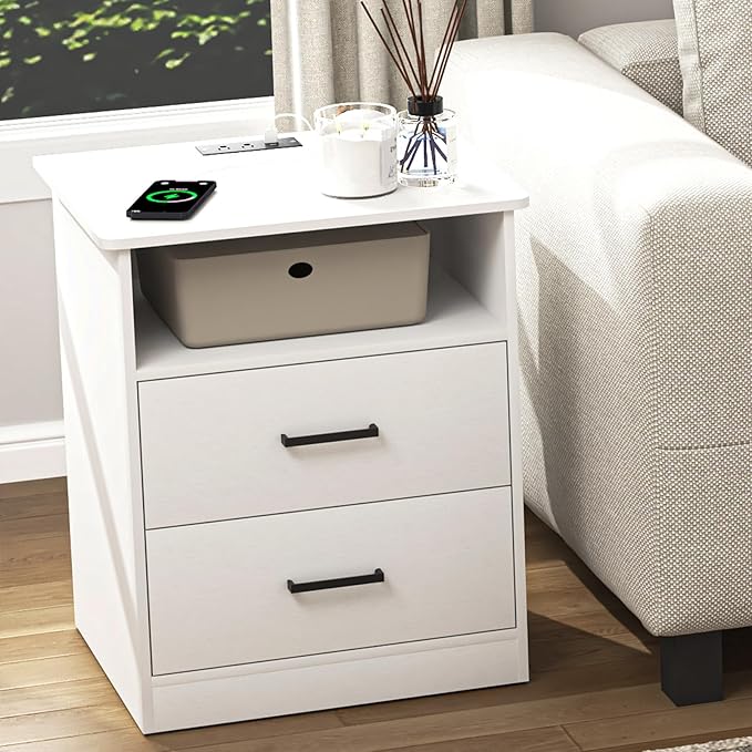 Night Stand with Charger Station, Modern Nightstand with USB Type-C Ports and AC Outlets, Large Bedside Table with 2 Drawers and Open Storage, Wooden End Table for Bedroom (White, 2 Drawers)
