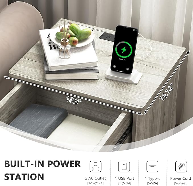 Night Stand with Charger Station, Modern Nightstand with USB Type-C Ports and AC Outlets, Large Bedside Table with Drawer and Open Storage, Wooden End Table for Bedroom (Grey, 1 Drawer)
