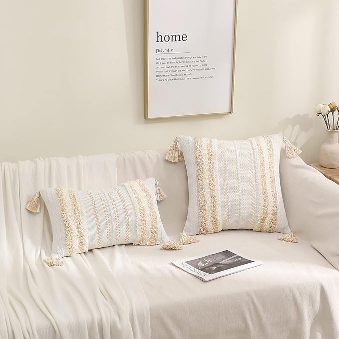 decorUhome Decorative Boho Throw Pillow Cover 12x20, Lumbar Accent Neutral Textured Tufted Pillow Cover Striped for Couch Bed Sofa, Khaki and Cream White, Pack of 1