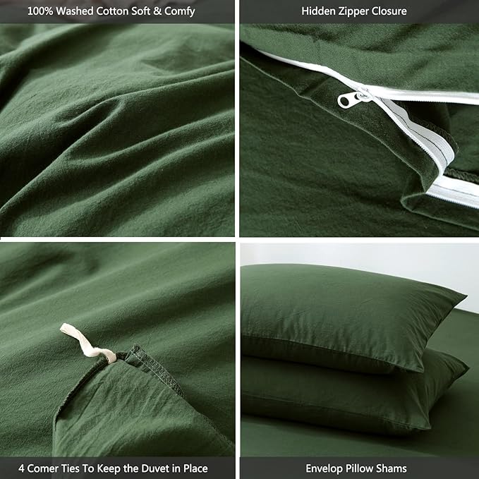 MooMee Bedding Duvet Cover Set 100% Washed Cotton Linen Like Textured Breathable Durable Soft Comfy (Solid Forest Green, Oversized Queen 98"x98")