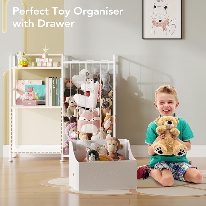 BBLIKE Stuffed Animal Storage - Stuffed Animal Net with Kids Bookshelf and Toy Organizer, 2-Tier White Bookshelf with Stuffed Animal Holder and Fabric Toy Chest for Kids Room, Playroom, Nursery, White