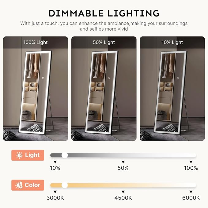 66x24 Full Length Mirror, Dimmable 3 Color LED Light w/Light Memory, Distortion Free Silver Coating Mirror, HD Reflection &Anti Desilvering,Tempered Glass &Shatter Proof Film Doubles Safety