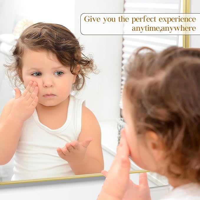 Fun Memories Wall Mirror for Bathroom, 48x32 Inch Gold Bathroom Mirror, Rectangular Wall Mounted Decorativ, Rounded Corner, Aluminum Alloy Frame, Farmhouse, Hangs Horizontal or Vertical