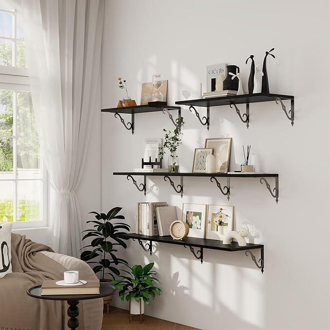 Deep Floating Shelves, 31" W x 12" D Wall Shelves Set of 2, Wide Display Shelf Wall Mounted with Brackets, Bookshelf for Living Room, Bathroom, Bedroom, Black