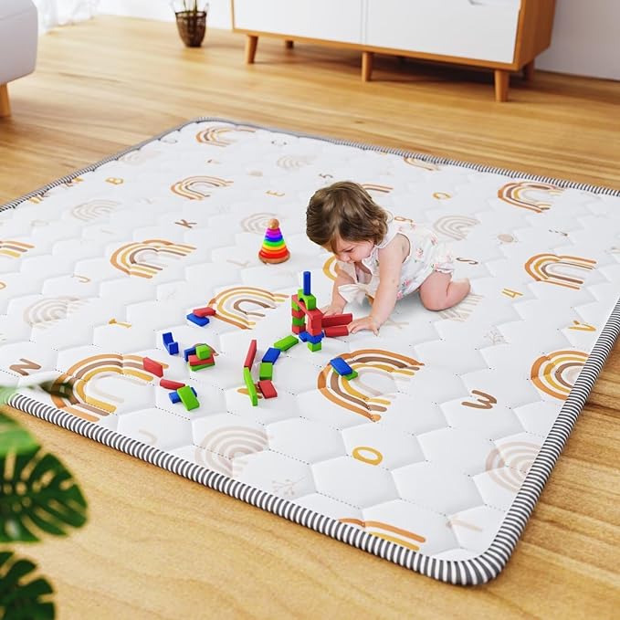 Boho Rainbow Baby Play Mat 50" X 50" Playpen Mat Thicken One-Piece Baby Crawling Mat Non-Slip Cushioned Baby Floor Mat Activity Playmats for Infants, Babies, Toddlers (50X50, Letters+Number)