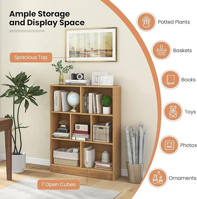 Costzon Wooden Toy Storage Organizer, 7-Cube Kids Bookshelf w/ 2 Anti-Toppling Kits, 3 Tier Open Shelves & Non-Slip Foot Pads, Book Shelf for Kids Rooms, Playroom, Classroom, Nursery (Natural)
