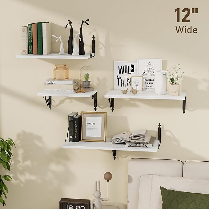 Deep Floating Shelves, 16" W x 12" D Wall Shelves Set of 2, Wide Display Shelf Wall Mounted with Brackets, Bookshelf for Living Room, Bathroom, Bedroom, White