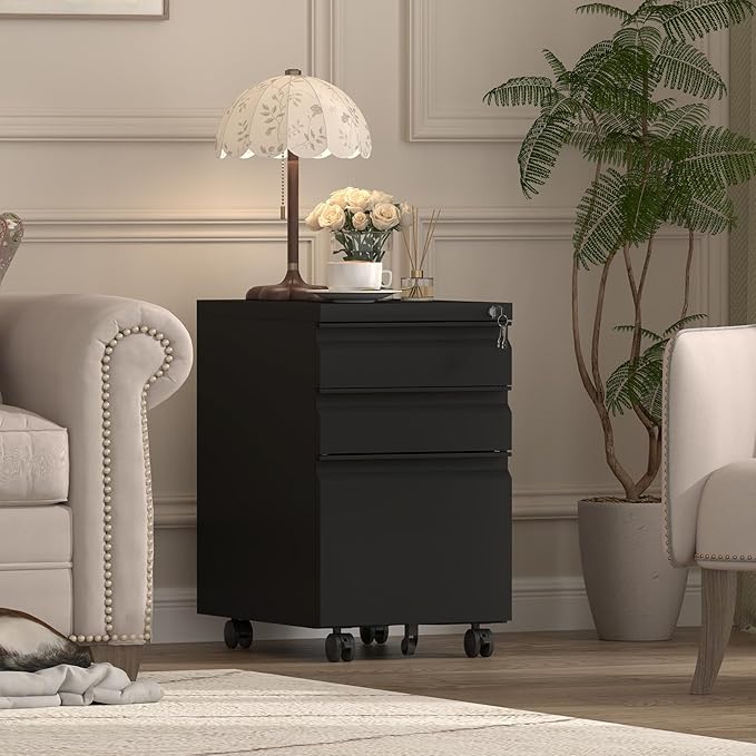 3 Drawer File Cabinet,Metal File Cabinet 2 Drawer with Lock,Small Filing Cabinets for Home Office,Letter/Legal/A4 Size,Black