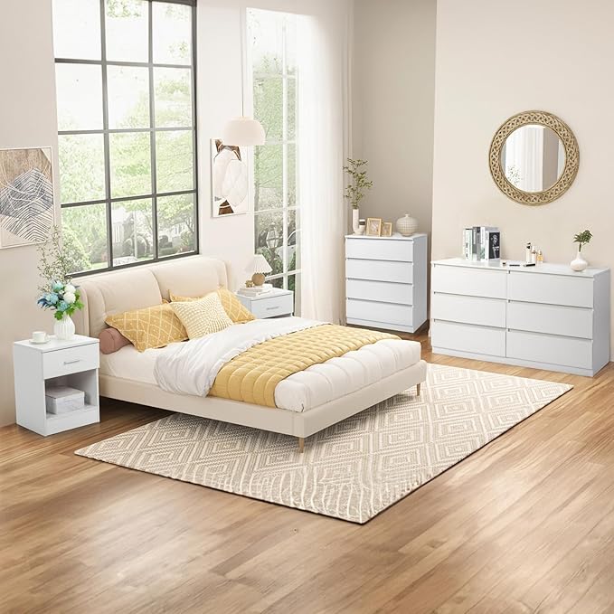 White Dresser for Bedroom,55'' Modern Large 6 Drawer Dresser with Deep Drawer,Storage Wide Chest of Drawer,Wood Bedroom Storage Furniture with No Handle Design