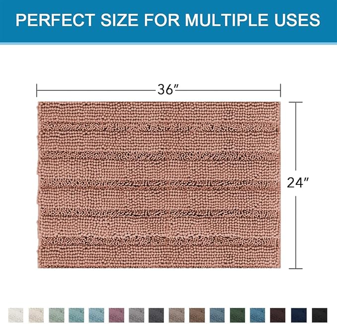 H.VERSAILTEX Bath Mats for Bathroom Non Slip Extra Thick Chenille Striped Bath Rug 24" x 36" Absorbent Non Skid Fluffy Soft Shaggy Rugs Washable Dry Fast Plush Mats for Indoor, Bath Room - Muted Clay