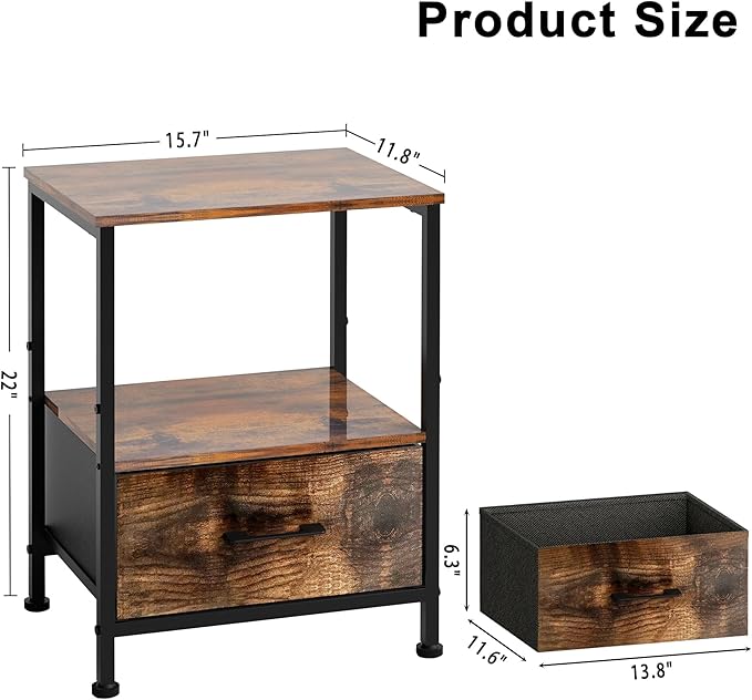 Side Table with Fabric Drawers,2-Tier Nightstand,End Table with Open Shelf for Bedroom, Living Room, Kitchen, Entryway, Rustic Brown