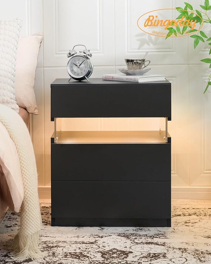 Bingoday LED Nightstand 3 Drawers Nightstand with LED Lights Tall Nightstand for Bedroom LED Bedside Tables for Bedroom Living Room