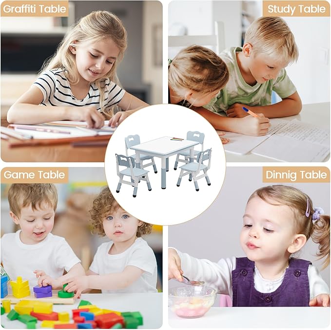 GAOMON Kids Table and 4 Chairs Set, Height Adjustable Toddler Table and Chairs Set for Ages 2-10, Graffiti Desktop, Non-Slip Legs, Child Table for Daycare Classroom Home