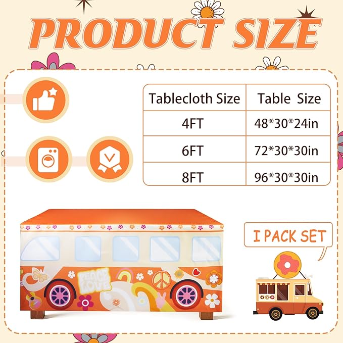 8Ft Groovy Bus Tablecloth,Hippie Birthday Party Decorations for 60s 70s Boho Themed Birthday,Baby Shower,Carnival Party Decorations