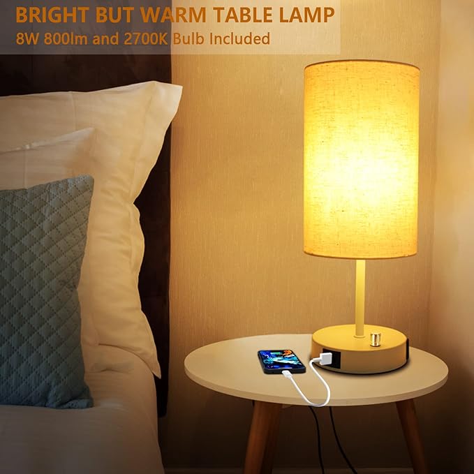HiBay 17.75" H Dimmable LED Bedside Table Lamp with USB Charging Ports & AC Outlet, Modern White Nightstand Light for Bedroom, Office, Living Room, Kids Room, Round Fabric Shade, E26 Bulb Included