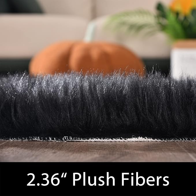 Latepis 2x10 Runner Black Faux Sheepskin Fur Rug Washable Shag Rugs Fluffy Carpet for Bedroom for Home Decor Rectangle