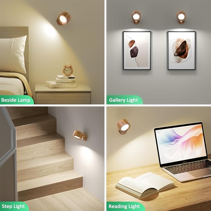 Lightbiz LED Wall Lights, Wall Sconces 2 Pcs with Remote Rechargeable Battery Operated, 3 Color Temperatures & Dimmable Wall Lamp Magnetic 360° Rotation Wireless Light for Bedroom Living Room