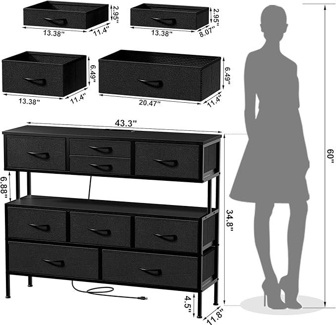 REAHOME Dresser TV Stand with Charging Station and LED Lights, 55” TV Stand Entertainment Center with 9 Drawers, Steel Frame, Large Storage Chest of Drawers for Bedroom, Living Room, Black Gray