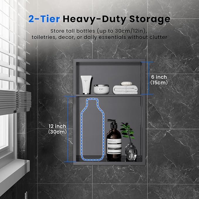 POPFLY 12"x18" Stainless Steel Shower Niche, Recessed Bathroom Storage with Double Shelves, No Tile Needed 2 Level Insert Corners Wall Niche for Shower Room, Dark Grey