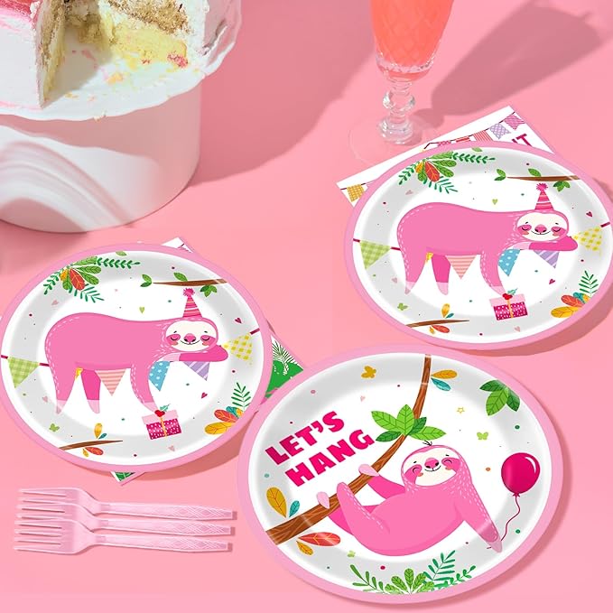 Wiooffen 96 Pcs Sloth Animal Party Plates Napkins Tableware Set Pink Sloth Themed Decoration Favors for Baby Shower Birthday Party, 24 Guests