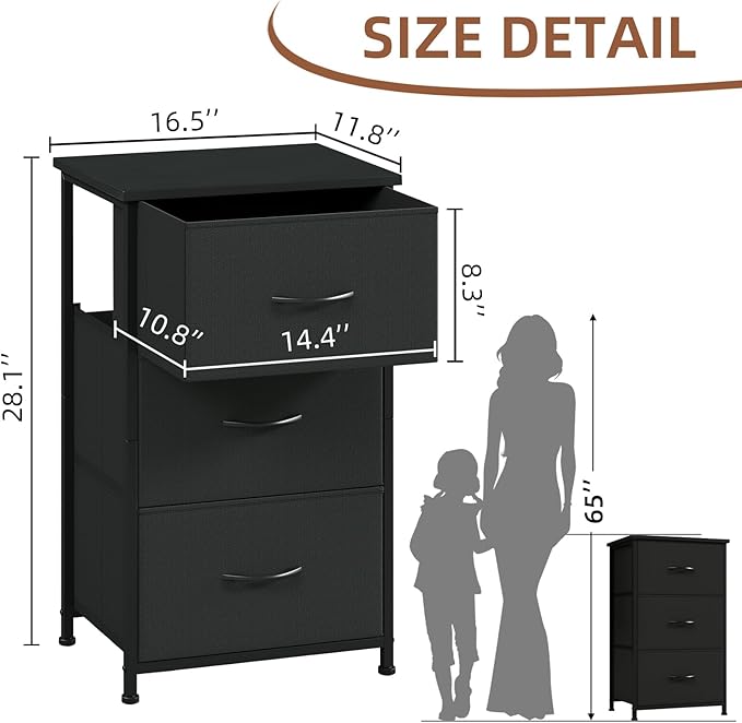 Somdot Small Dresser for Bedroom with 3 Drawers, Nightstand Storage Chest of Drawers with Removable Fabric Bins for Closet Bedside Living Room Laundry Entryway Hallway, Black