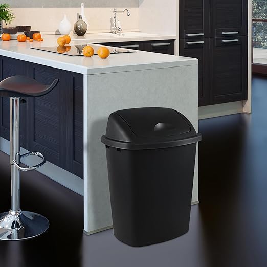 Begale 10 Gallon Plastic Swing Top Waste Container for Home Kitchen, Rectangular Trash Bin with Swing Lid, Black, Pack of 4