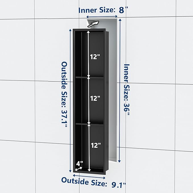 Stainless Steel Shower Niche 8" X 36", No Tile Needed Wall Niche Three-Tier, Recessed Shower Shelf for Bathroom Storage, Matte Black