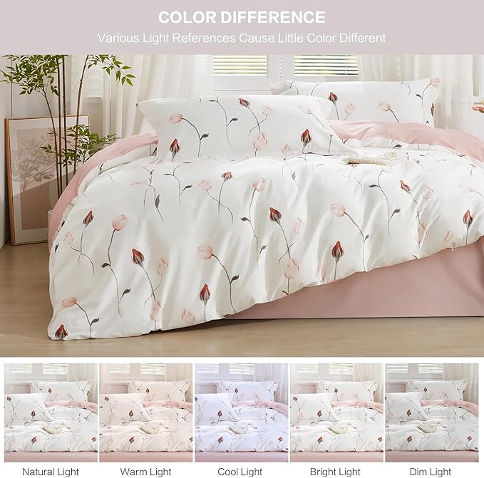 SAPHREAS Rose Duvet Cover Set 2pcs Twin Size Pink Red Floral Bedding Comforter Cover Set 100% Cotton 1 Duvet Cover 68"x90" 1 Pillow Sham, Comforter Not Included