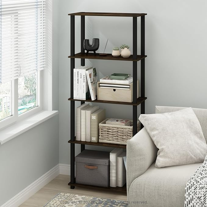 Furinno Turn-S-Tube 3-Tier Compact Multipurpose Shelf Display Rack with Square Tube, Amber Pine/Black, Set of 2