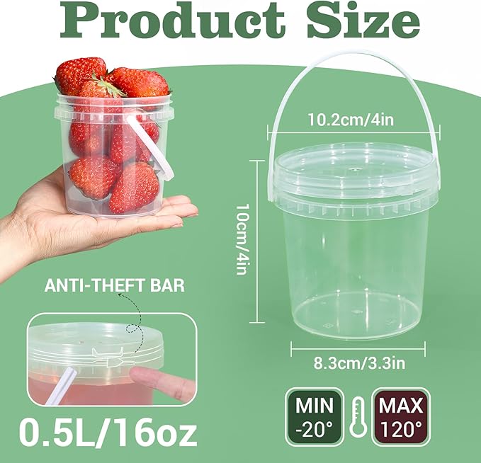 ASEVAT 16 oz 10 Pack Airtight Clear Plastic Bucket with Lid, Ice Buckets for Parties, Reusable Ice Cream cup with Handle, Food Storage Container, Food Grade Freezer and Microwave Safe for Sauce, Soup