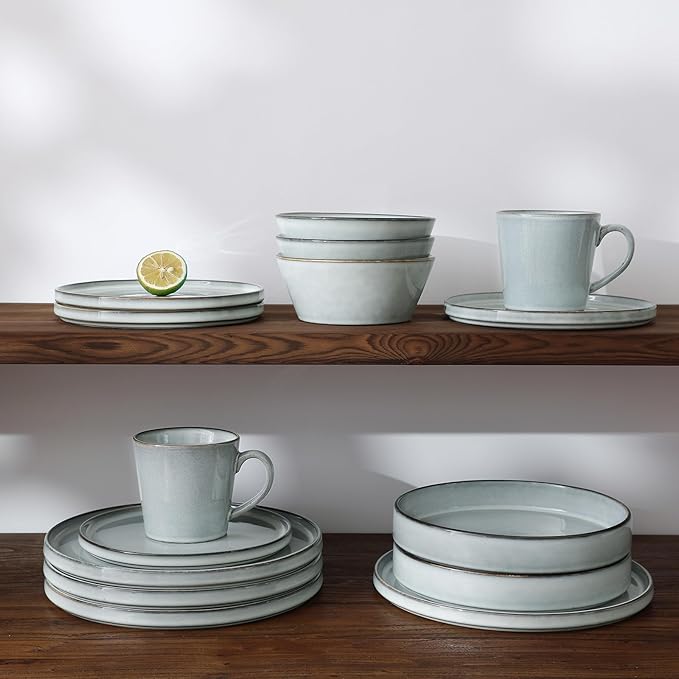 Famiware Annecy Dinner Plates and Bowls Sets, Stoneware Dinnerware Sets, Dishes Set for 6, 18 Pieces Handmade Dishware Set - Microwave & Dishwasher Safe, Double Reactive Glaze Tableware, Grey-Blue